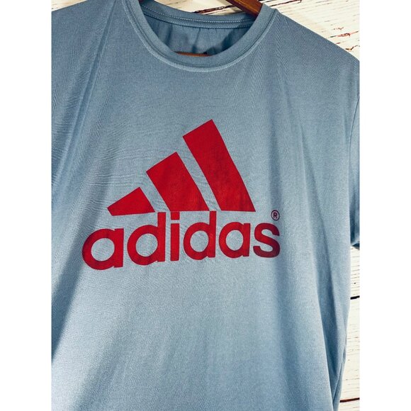 Adidas Mens Light Blue T-Shirt With Red Logo Design Short Sleeves Lightweight & - Picture 6 of 10